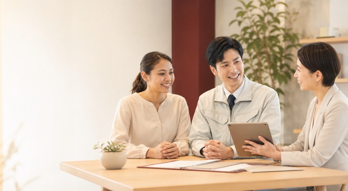 外国人材と企業担当者が明るいオフィスで相談している様子