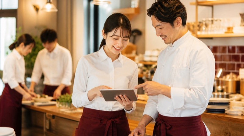 外食業の店舗で接客準備をするスタッフ