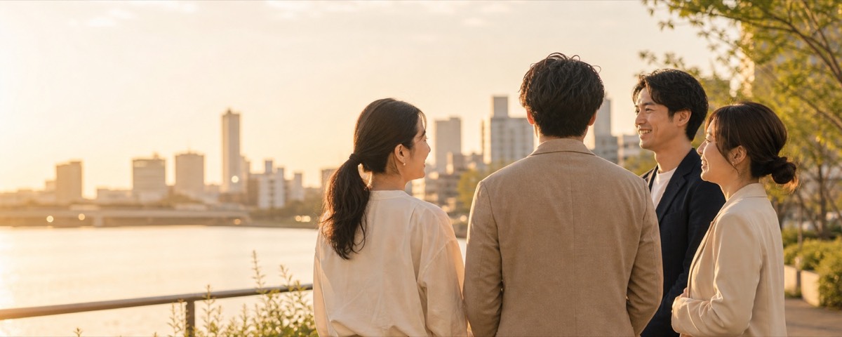 多様な人々が肩を寄せ合い街を見ている様子